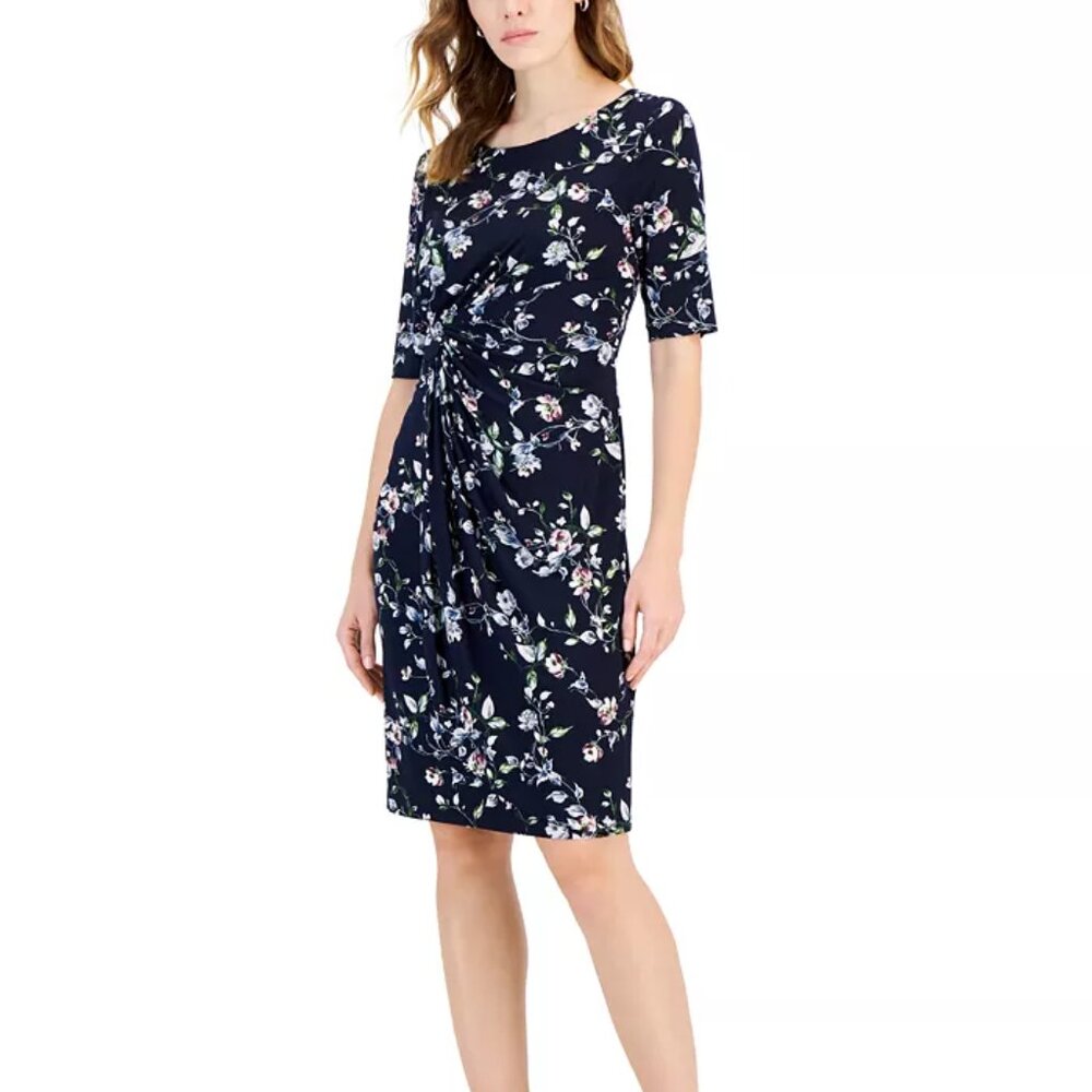 Connected Petite Elbow-Sleeve Gathered Jersey Sheath Dress, Navy, 14P